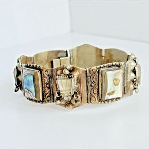 Authentic Vintage Alpaca Mexico Bracelet Abalone Mother of Pearl Panel Aztec